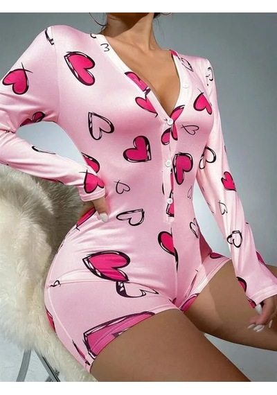 Ang Butik Kadın Pamuklu Pembe Desenli Düğmeli Uzun Kol Tulum Pijama