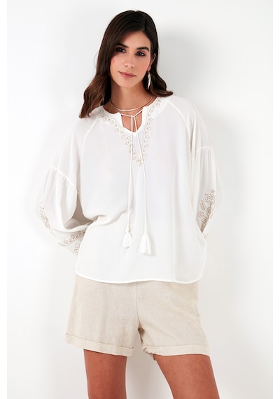 Lela Yakası Bağlamalı Kolları Nakışlı V Yaka Regular Fit Bayan Bluz 611Bz0368 Ekru