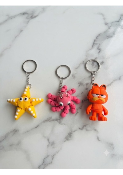 3'lü Set Eklemeli Hareketli 3d Tasarım Anahtarlık Deniz Yıldızı, Ahtapot Ve Sevimli Kedi Figürlü Pembe - Sarı