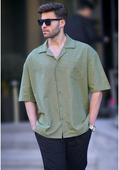 Madmext Haki Kısa Kollu Oversize Erkek Gömlek 6737 Haki