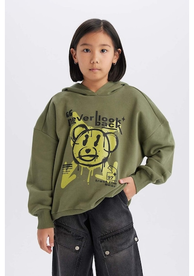 DeFacto Kız Çocuk Oversize Geniş Kalıp Kapüşonlu Baskılı Sweatshirt D1567A824WNKH210 Haki
