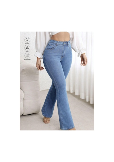 Kene Jeans Yüksek Bel Mavi Tam Kalıp Flare/ispanyol Paça Likralı Jeans Mavi