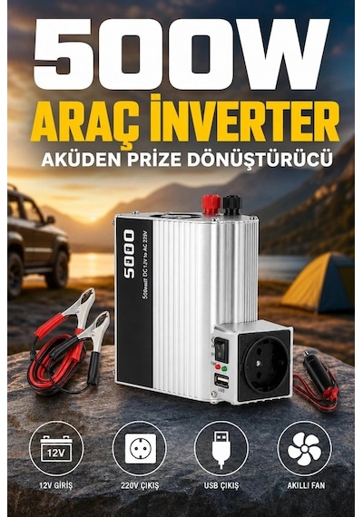 500w 12v Akü İnverteri 220v Ac Çıkışlı Usb Portlu Fanlı Güç Dönüştürücü Araç Karavan Kullanımı