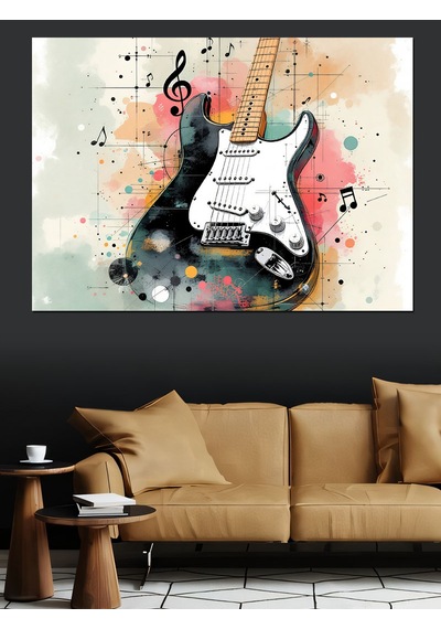 Siyah Beyaz Gitar Sıçraması Dekoratif Kanvas - Mdf Ahşap Tablo