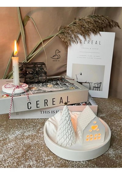 Dağ Görünümlü Tabak Çukur Ev Şeklinde Tealight Mumluk Çam Ağacı Dekor Set