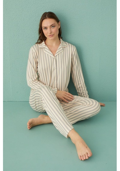 Pemilo Kadın 50701-091 Önü Düğmeli Süet Pijama Takımı Gri Gri