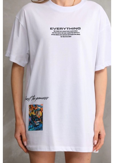 Primemagazam Kadın Bisiklet Yaka Baskılı Oversize T-shirt - Beyaz Çeşitli