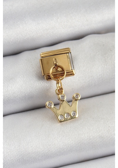 316l Çelik Sallantılı Zirkon Taşlı Kraliçe Tacı Model Gold Renk Nomination Charm - Lisinya Çok Renkli