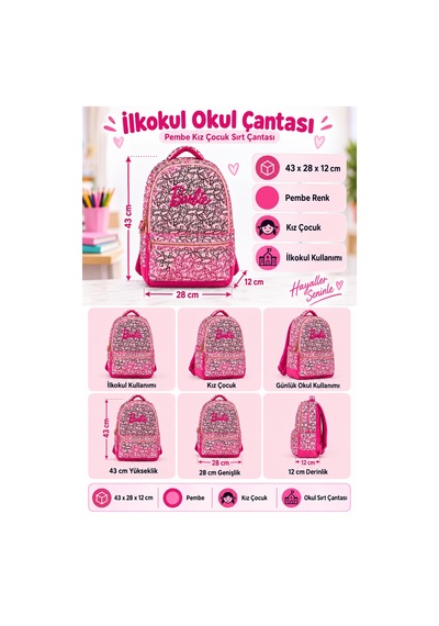 İlkokul Okul Çantası Kız Çocuk Pembe Sırt Çantası 43x28x12 Cm Desenli