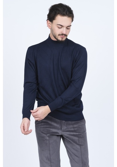 Woolen World Erkek Desenli Yarım Balıkçı Triko Yün Kazak 5596983 Lacivert