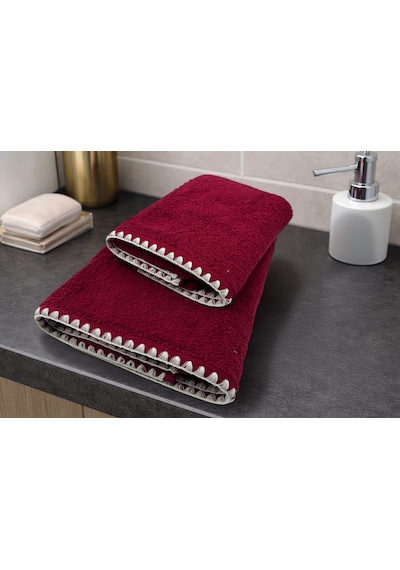 Krem İstiridye Dikişli %100 Pamuk Yumuşak Dokulu Yüksek Su Emici 2'li Banyo Havlu Seti 50x90-70x130 Kırmızı