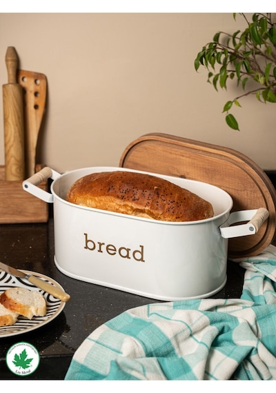Ahşap Kapaklı Ahşap Kulplu Metal Ekmeklik Bread Baskılı - Beyaz Beyaz