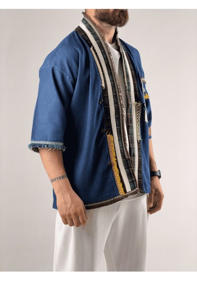 Tasarım Denim Erkek Kimono Coc3212 Mavi