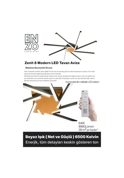 Zenit 8 Bronz Led Tavan Avize Kumandalı Dim Edilebilir Aşağı Işık Beyaz Işık
