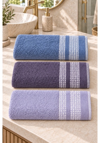 Çift Şerit Desenli Havlu 50x90 Cm 3 Lü Set - Lavender Tide Çok Renkli
