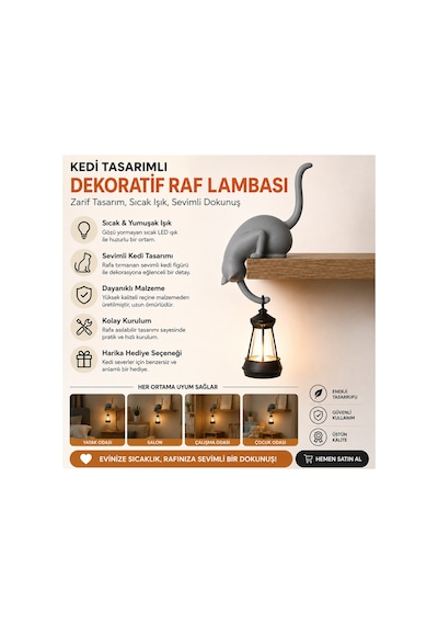 Modern & Şık - Minimalist Kedi Tasarımlı Dekoratif Raf Lambası Gece Lambası Açık 46657672