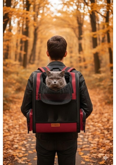 Airmove Premium Kedi Köpek Taşıma Çantası, Silinebilir, Yırtılmaz Fileli, Bükülmez Gövde, Sırt Çantası Tipi Kırmızı