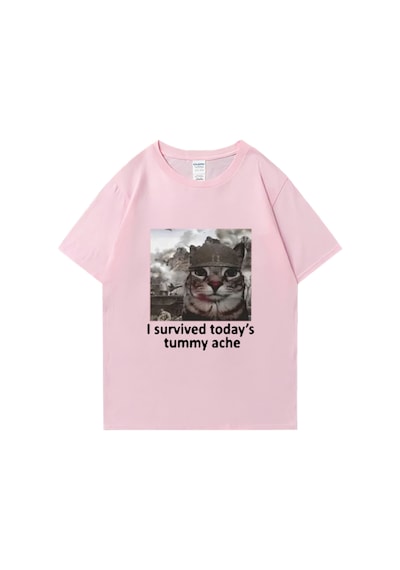 Flood Of Style Komik Kedi Bugünden Karın Ağrısını Hayatta Kaldım T Shirt Yeni Erkek Pamuklu Tişört Kısa Koll Pembe
