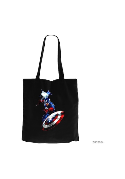Captain America Mjolnir And Shield Siyah Kanvas Bez Çanta Siyah