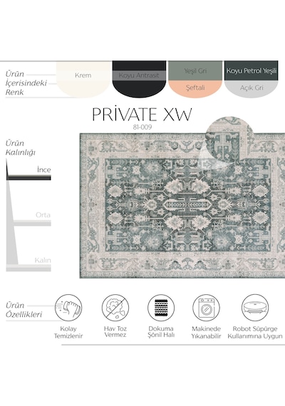 Cool Halı Private Xw Krem Yeşil Eskitme Vintage Yıkanabilir Şönil Etnik Desen Klasik Salon Halısı
