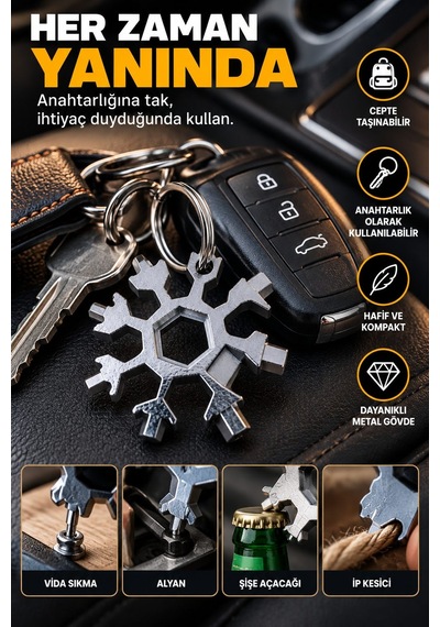 18'i 1 Arada Çok Amaçlı Kar Tanesi Anahtarlık Mini Tornavida Alyan Aparatı