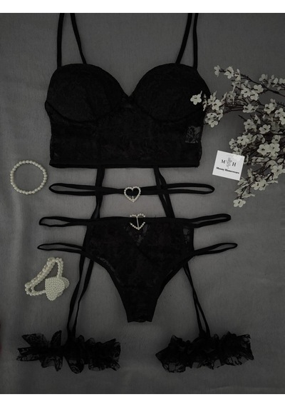 Mh Moony Homewears Dodov Taş Detaylı Siyah Jartiyer Set Siyah