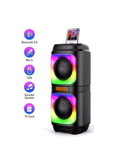 Diğer - Siyah - Bluetooth Hoparlör 10w Speaker Tws Kablolu Karaoke Mikrofon 2x4inç Rgb Işıklı 1500mah Batarya Bls-48