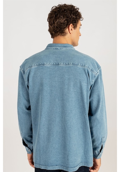 Tudors Oversıze Denim Çift Cep Kapaklı Çıtçıtlı Erkek Kot Gömlek-24982 Mavi