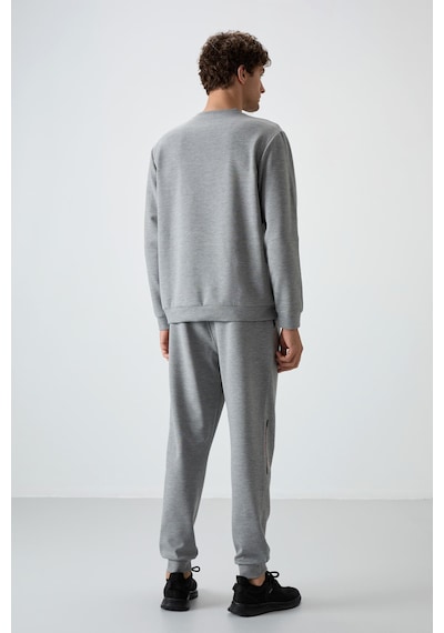 Tommy Life Gri Melanj Pamuklu Kalın Yumuşak Dokulu Comfort Fit Baskılı Erkek Eşofman Takım - 85239 GRİ MELANJ