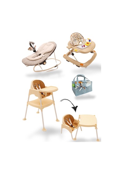 5'li Bebek İhtiyaç Seti / Çalışma Masalı Mama Sandalyesi / Ana Kucağı / Yürüteç / Keçe Organizer