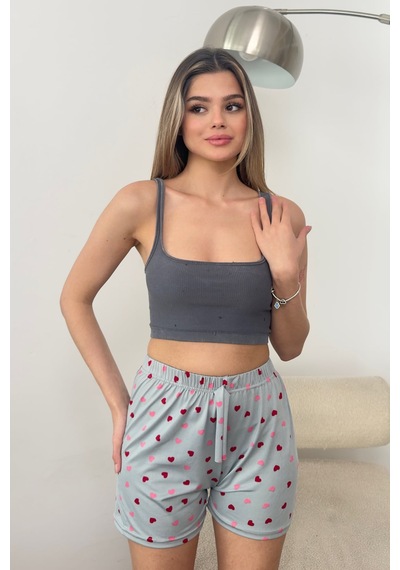 Giysa Kadın Beli Lastikli Kalp Desenli Pijama Altı Şort Gri - 26y 2602