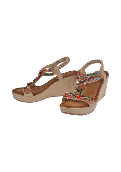 Guja 25y155 Kadın Taşlı Dolgu Topuklu Lastikli Comfort Sandalet Bej Siyah