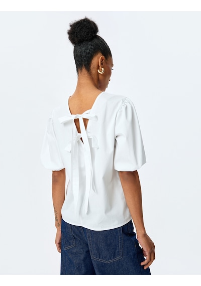 Koton Fiyonk Detaylı Poplin Pamuklu Bisiklet Yaka Balon Kollu Oversize Bluz Kırık Beyaz 5sak60213pw Ekru