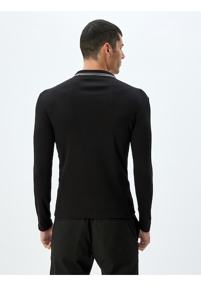 Koton Slim Fit Tişört Uzun Kollu V Yaka Polo Pamuklu Siyah 5wam10197hk Siyah