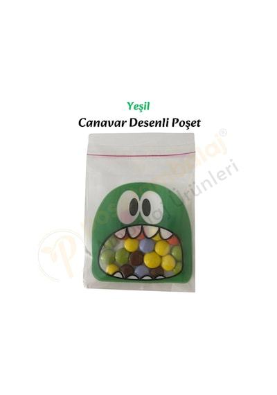 25 Adet Yeşil Canavar Desenli Cake Pop & Kurabiye Poşeti-10x15 Cm