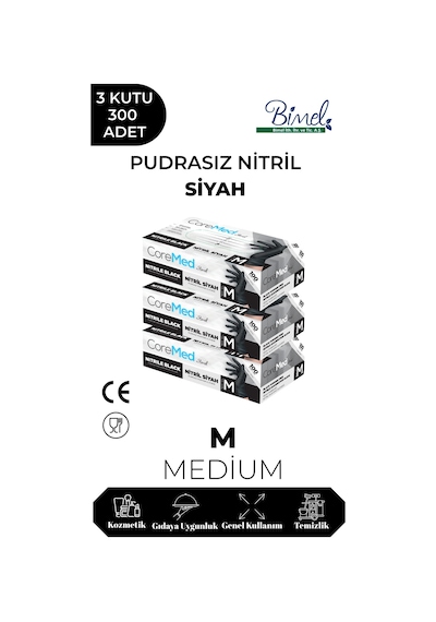 Nitril Siyah Pudrasız Muayene Eldiveni M - 3 Paket 100 Lü