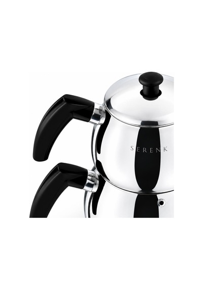 Serenk Excellence Mini Boy Çelik Çaydanlık 0,75 L Demlik, 1,5 L Suluk Gümüş - Siyah