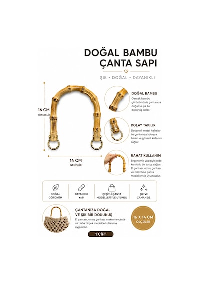 Vollen Yarn Doğal Bambu Çanta Sapı 16x14 Cm 1 Çift 2 Adet Metal Halkalı El Yapımı Çanta Kulpu Çanta Aksesuarı Bej