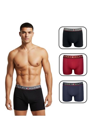 Tommy Hilfiger Erkek 3'lü Boxer Set %100 Organik Pamuk Bordo - Siyah - Lacivert