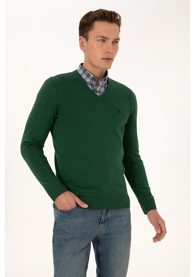 U.S. Polo Assn. Erkek Slim Fit V Yaka Koyu Yeşil Basic Triko Kazak 50313662-VR079