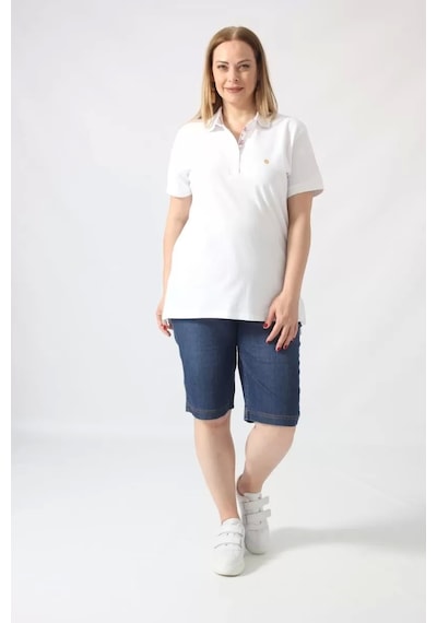 Moda Berray 21305 Kısa Kollu Büyük Beden Lakost Kumas T-shirt Beyaz Beyaz