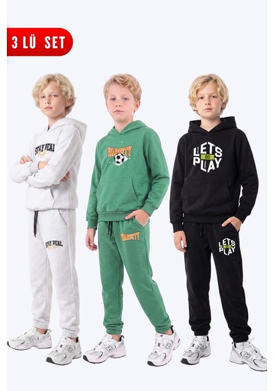 Fyk Kids Erkek Çocuk 3'lü Baskılı Kanguru Cepli Kapüşonlu Eşofman Takımı Gri-yeşil-siyah Fyk Kids Erkek Çocuk 3'lü Baskılı Kanguru Cepli Kapüşonlu Eşofman Takımı Gri-yeşil-siyah