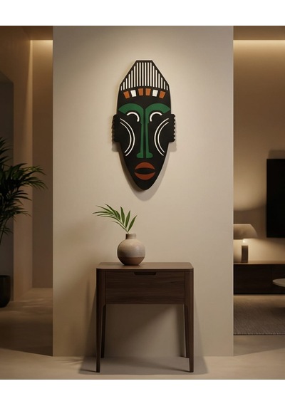 Afrika Tribal Ahşap Duvar Mask Mdf - Siyah Yeşil Klasik Kabile Maskı 1