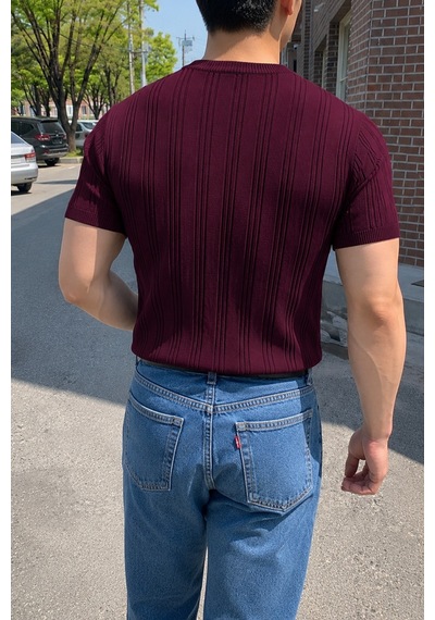 Tarz Cool Old Money Fit Bisiklet Yaka Çizgili Triko T-shirt Slim Kalıp Premium Bordo