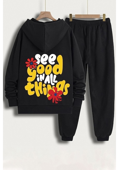 Uyguntarz Unisex Good Things Baskılı Eşofman Takımı Siyah