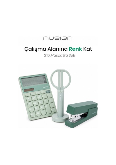 Nusign Hesap Makinesi &zımba & Makas Kırtasiye Seti -yeşil