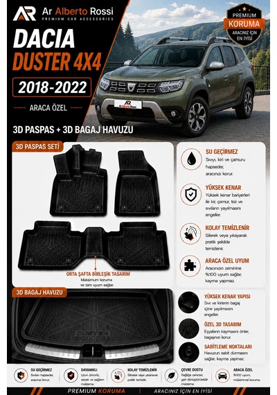 Dacia Duster 4x4 2018-2022 Araca Özel 3d Paspas + 3d Bagaj Havuzu