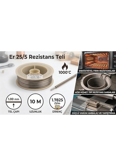 Er 25/5 Rezistans Teli 1.0 Mm 10 Metre - Krom Alüminyum Direnç Teli 1.7825 Ω/m - 1000 C Isıya Dayanıklı Ağır Hizmet Isıtıcı Tel - Endüstriyel Fırın, Büyük Boy Strafor Kesme Ve Coil Uyumlu