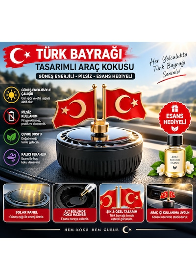 Türk Bayrağı Tasarımlı Güneş Enerjili Torpido Üstü Araç Kokusu Metal Bayrak Pilsiz Solar Oto Koku Esans Koku Hediyeli 1 Adet