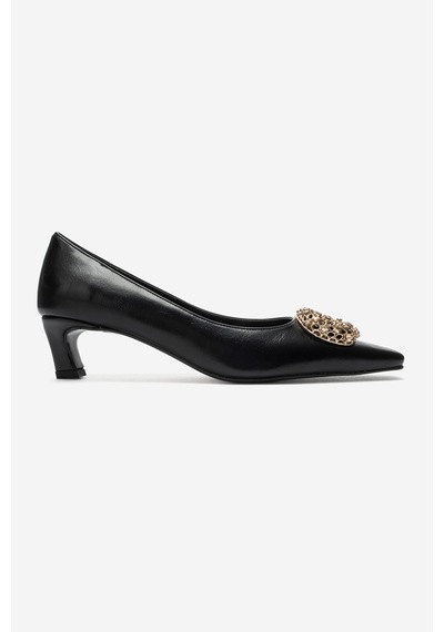 Luvi Shoes Marte Siyah Cilt Tokalı Kadın Kısa Topuklu Ayakkabı